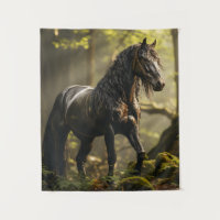 Ein nasses schwarzes, geschmeidiges Pferd steht in
