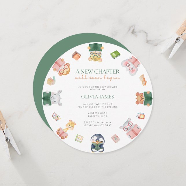 Ein neues Kapitel beginnt bald mit der Babydusche Einladung (Vorderseite/Rückseite Beispiel)