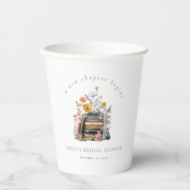 Ein neues Kapitel beginnt Florale Bücher Brautdusc Pappbecher (Vorderseite)