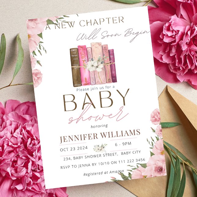 Ein neues Kapitel beginnt mit der Blumen Girl Pink Einladung (A New Chapter Begins Pink Girl Book Baby Shower Invitation)