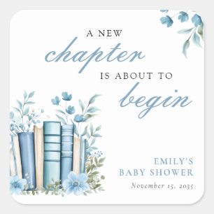 Ein neues Kapitel Blau Baby Shower Quadratischer Aufkleber