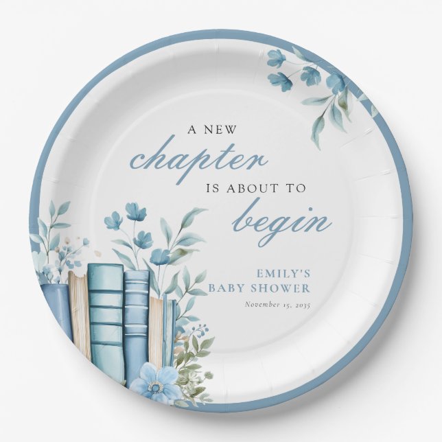 Ein neues Kapitel Blaues Babyshower Pappteller (Vorderseite)