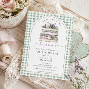 Ein neues Kapitel Florales Buch Gingham-Baby-Party Einladung