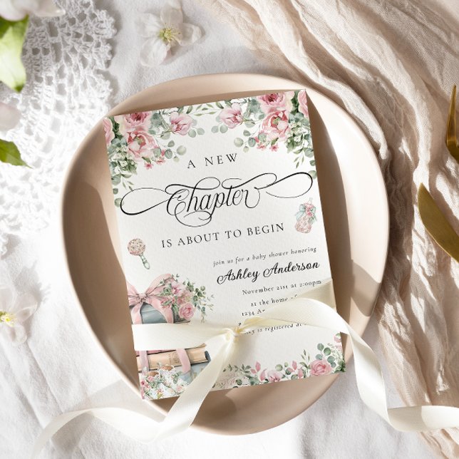 Ein neues Kapitel Pink Bow Bläschen Baby Dusche Einladung (Von Creator hochgeladen)