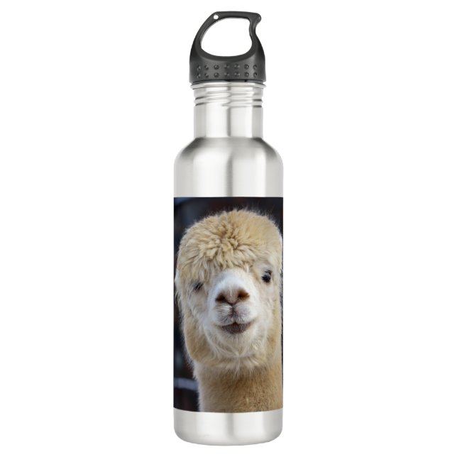 Ein niedlich flauschiges Alpaca-Gesicht Edelstahlflasche (Vorderseite)