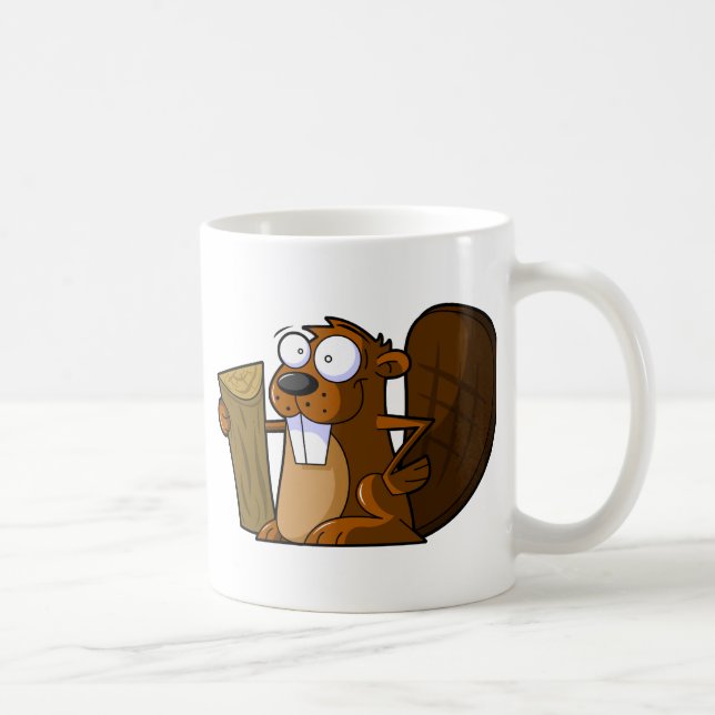 Ein niedlicher Cartoon-Biber-Charakter, der einen Kaffeetasse (Rechts)