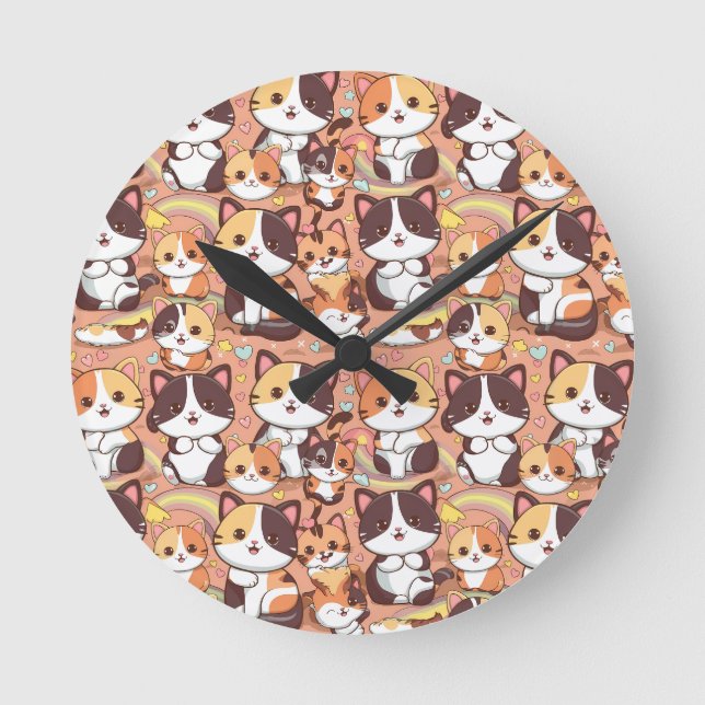 Ein niedlicher Ccalico-Chat für eine nahtlose Must Runde Wanduhr (Vorderseite)