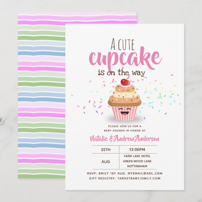 Ein Niedlicher Cupcake ist auf dem Weg Sprinkles G Einladung (Vorne/Hinten)