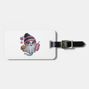 Ein niedlicher Geist, der eine Kürbiskernbeutel hä Gepäckanhänger