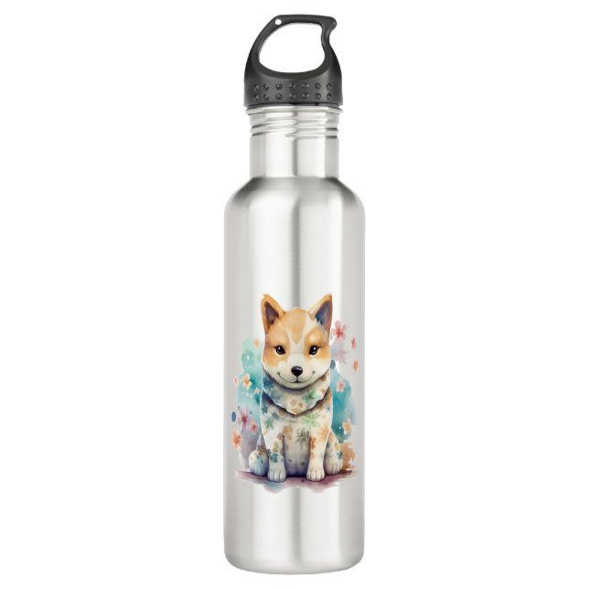 Ein niedlicher, gut benommen Hund in einer Blüte Edelstahlflasche (Vorderseite)