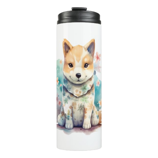 Ein niedlicher, gut benommen Hund in einer Blüte Thermosbecher (Vorderseite)