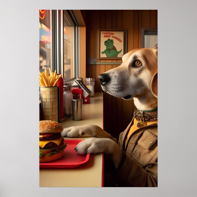 Ein niedlicher Hund am Diner Poster (Vorne)