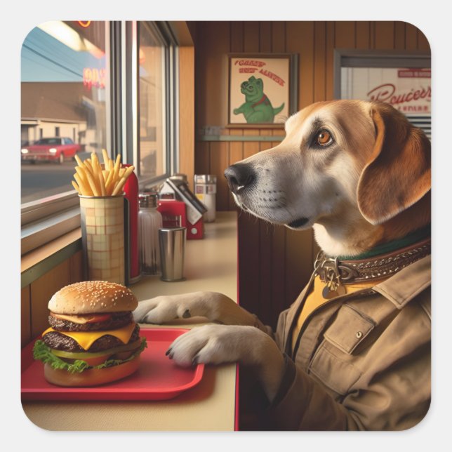 Ein niedlicher Hund am Diner Quadratischer Aufkleber (Vorderseite)