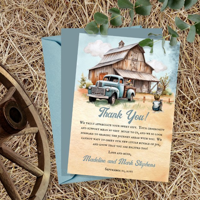 Ein Niedlicher kleiner Bauer ist auf dem Weg zur B Dankeskarte ("A Cute Little Farm Boy Is On His Way!" Rustic Barn and Vintage Truck Boy Baby Shower Thank You Card)