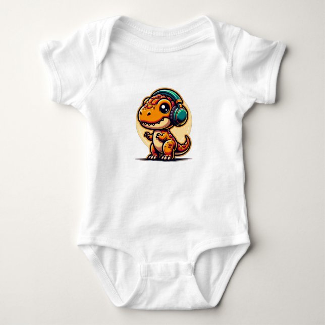 ein niedlicher kleiner Dinosaurier mit Kopfhörer Baby Strampler (Vorderseite)