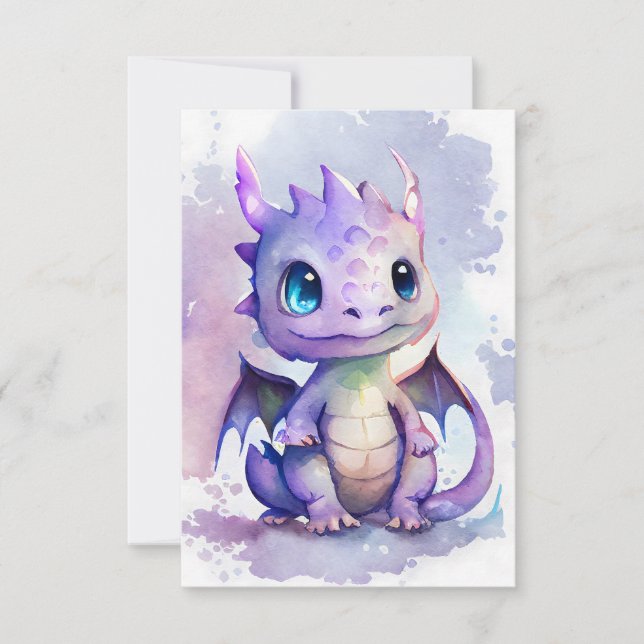 Ein niedlicher lila Babydrache im Stil der Aquarel Dankeskarte (Vorderseite)