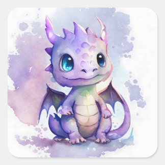 Ein niedlicher lila Babydrache im Stil der Aquarel Quadratischer Aufkleber