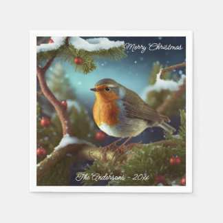 Ein niedlicher Robin auf einem Weihnachtsbaumpapie Serviette