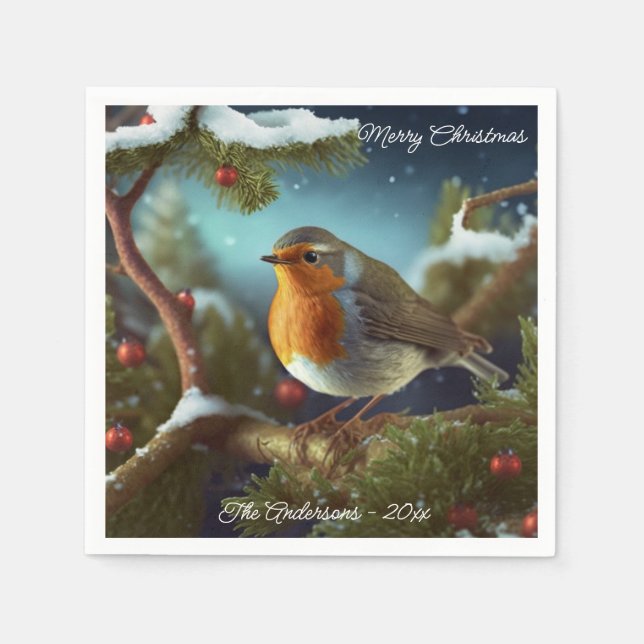 Ein niedlicher Robin auf einem Weihnachtsbaumpapie Serviette (Vorderseite)