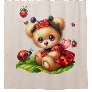 Ein Niedlicher Teddybär, verkleidet wie ein Ladybu Duschvorhang