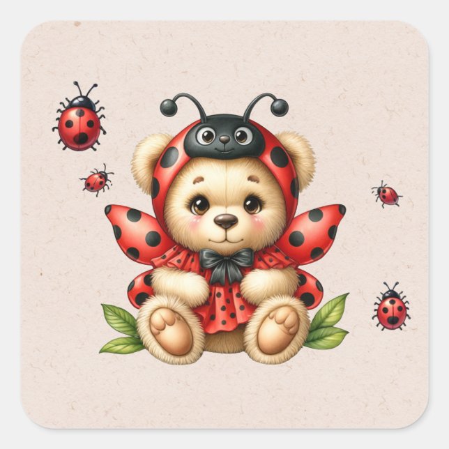 Ein Niedlicher Teddybär, verkleidet wie ein Ladybu Quadratischer Aufkleber (Vorderseite)