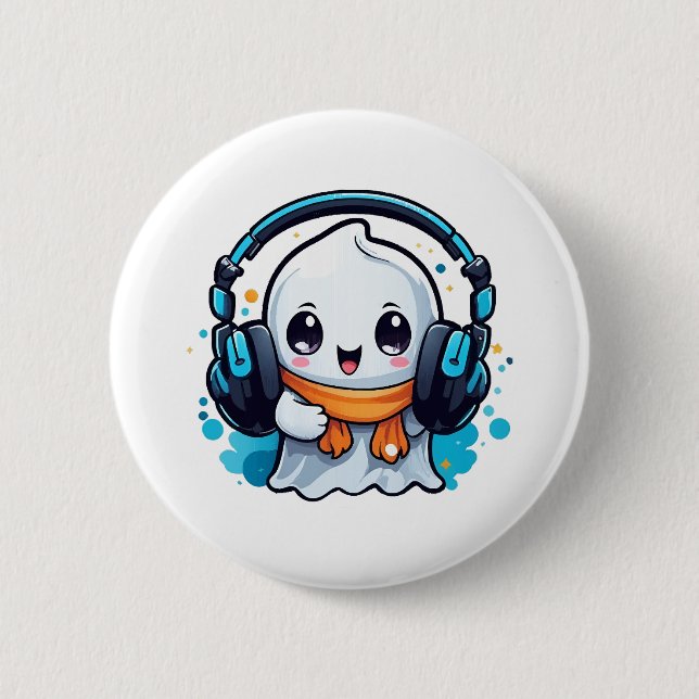 Ein niedlicher und spukhafter Geist mit Kopfhörern Button (Vorderseite)