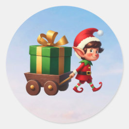 Ein niedlicher Weihnachtself, der einen Wagen mit  Runder Aufkleber