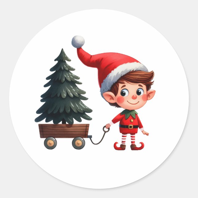 Ein niedlicher Weihnachtself, der einen Wagen mit  Runder Aufkleber (Vorderseite)