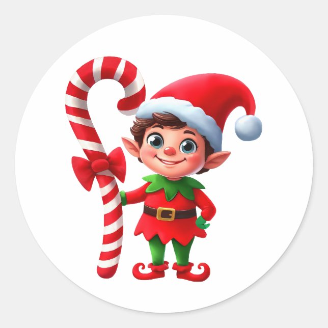 Ein niedlicher Weihnachtself, der einen Zuckerrohr Runder Aufkleber (Vorderseite)