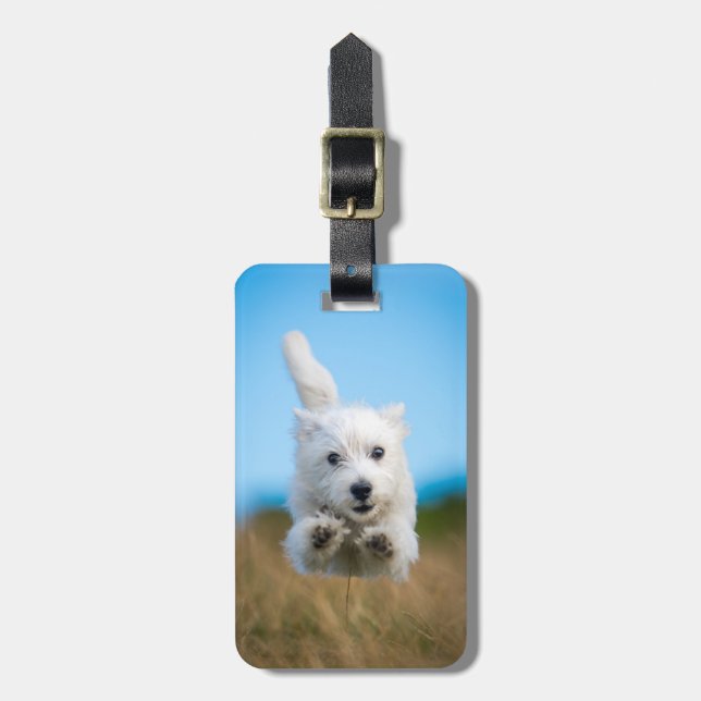Ein niedlicher Westhochland-Terrier-Welpen-Betrieb Gepäckanhänger (Vorderseite vertikal)