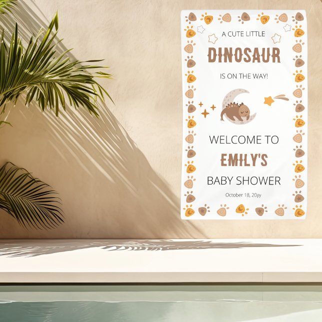Ein Niedliches Dinosaurier Baby-Dusche - Empfang Banner ("A Cute Little Dinosaur Is On The Way" Boy Baby Shower Banner - Sleeping Dinosaur and Footprints)
