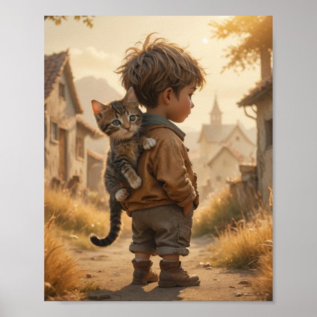 Ein niedliches Kind und sein Kätzchen Poster (Vorne)