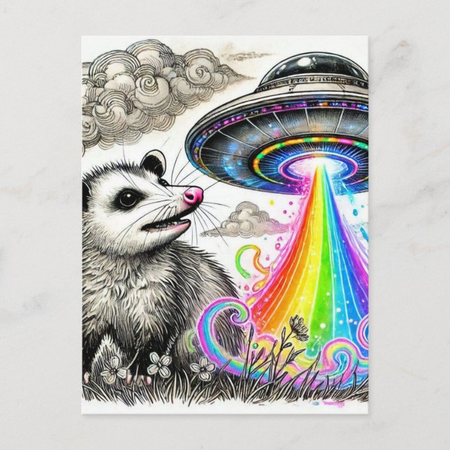 Ein niedliches Opossum und ein UFO Postkarte (Vorderseite)