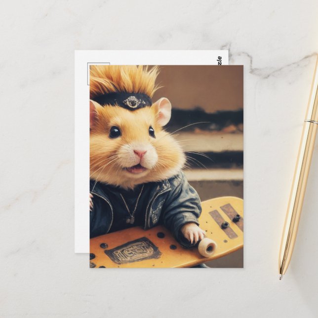 Ein Niedliches Skateboarding Punk Hamster Retro Postkarte (Vorderseite/Rückseite Beispiel)