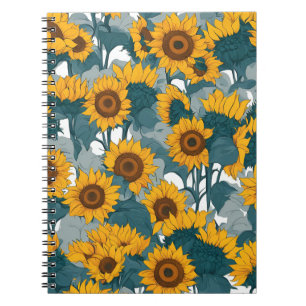 Ein Notebook mit sonnigen Sonnenblumenfeldern Notizblock