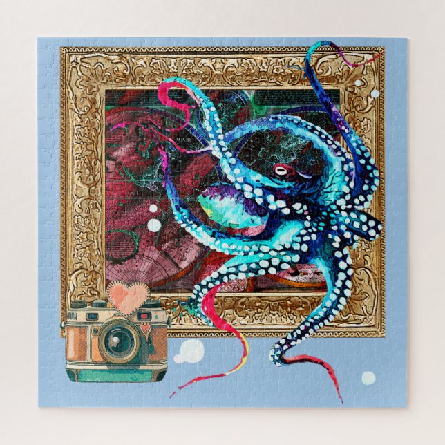 Ein Oktopus, eine Kamera und eine dunkle Karte (Vertikal)