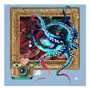 Ein Oktopus, eine Kamera und eine dunkle Karte Poster