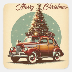 Ein Oldtimer und ein Weihnachtsbaumsticker Quadratischer Aufkleber