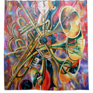 Ein Ölgemälde auf der Leinwand. Musik, das Mädchen Duschvorhang