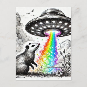 Ein Opossum mit ein paar Vögeln und einem UFO Postkarte
