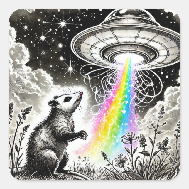 Ein Opossum und ein UFO Quadratischer Aufkleber (Vorderseite)