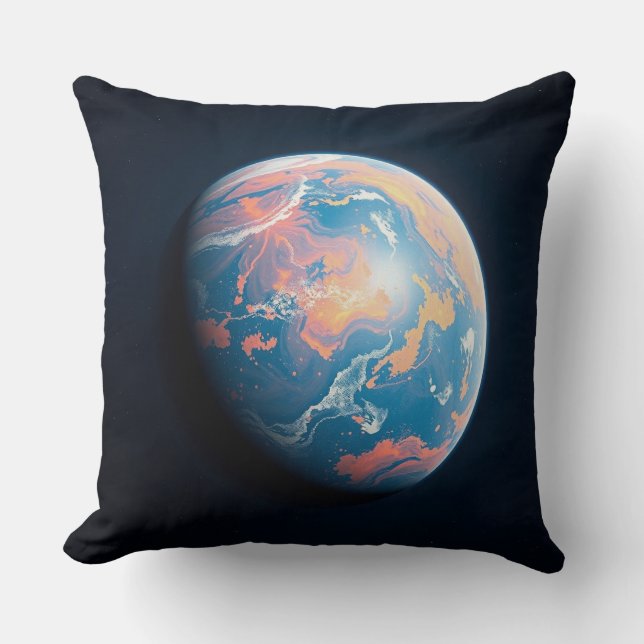Ein orange-blauer Planet Kissen (Vorderseite)