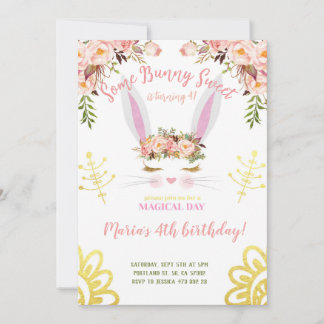 Ein paar Bunny Sweet Gold Floral Kaninchen Gesicht Einladung
