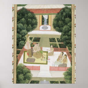 Ein Paar in einem Garten, das Musik mit weiblichen Poster