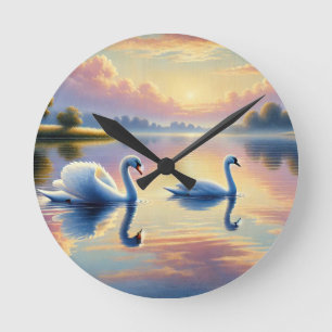 Ein Paar Schwäne gleitet auf einem ruhigen See Runde Wanduhr