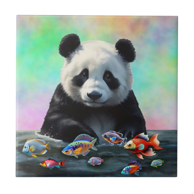 Ein Panda schaut neugierig auf schwimmende bunte F Fliese (Vorderseite)