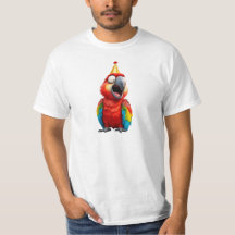 Ein Papagei im Clown-Kostüm, bereit für die Show.