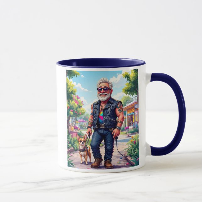 Ein Papi Rocker mit seinem winzigen Hund. Tasse (Rechts)