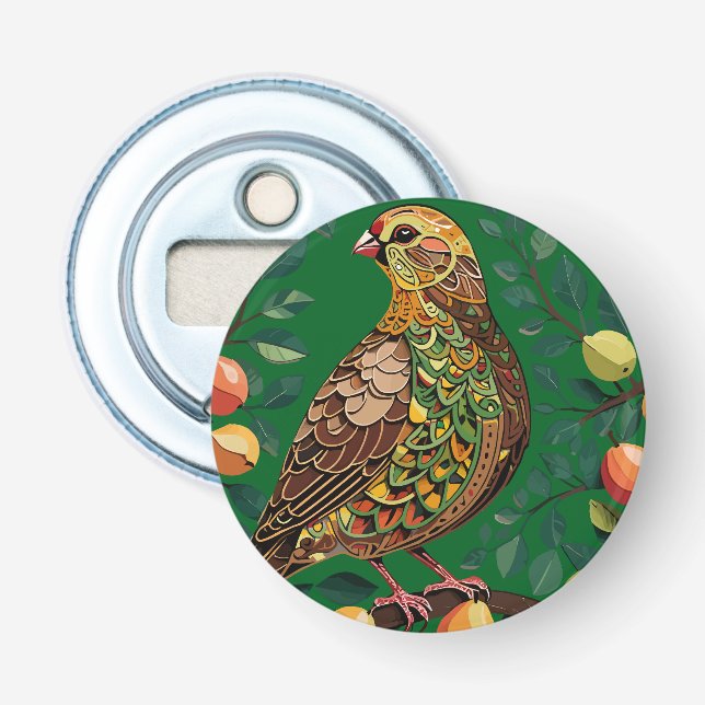 Ein Partridge in einem Birnbaum-Ausschnitt im Stif Flaschenöffner (Vorderseite)