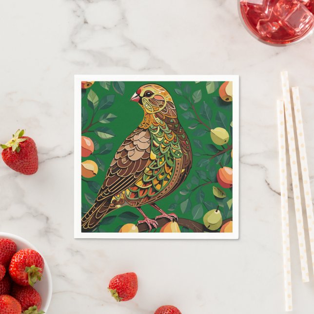 Ein Partridge in einem Birnbaum-Ausschnitt im Stif Serviette (Beispiel)